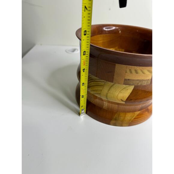 Stunning Vintage Handcrafted Turned Segmented Inlaid Wood Decorative Vase Bowl - Picture 8 of 9